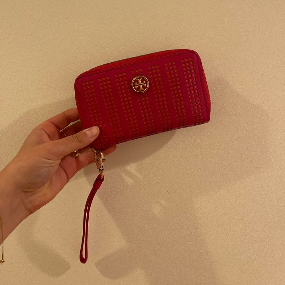 Tory Burch Red Perforated Zip Wristlet